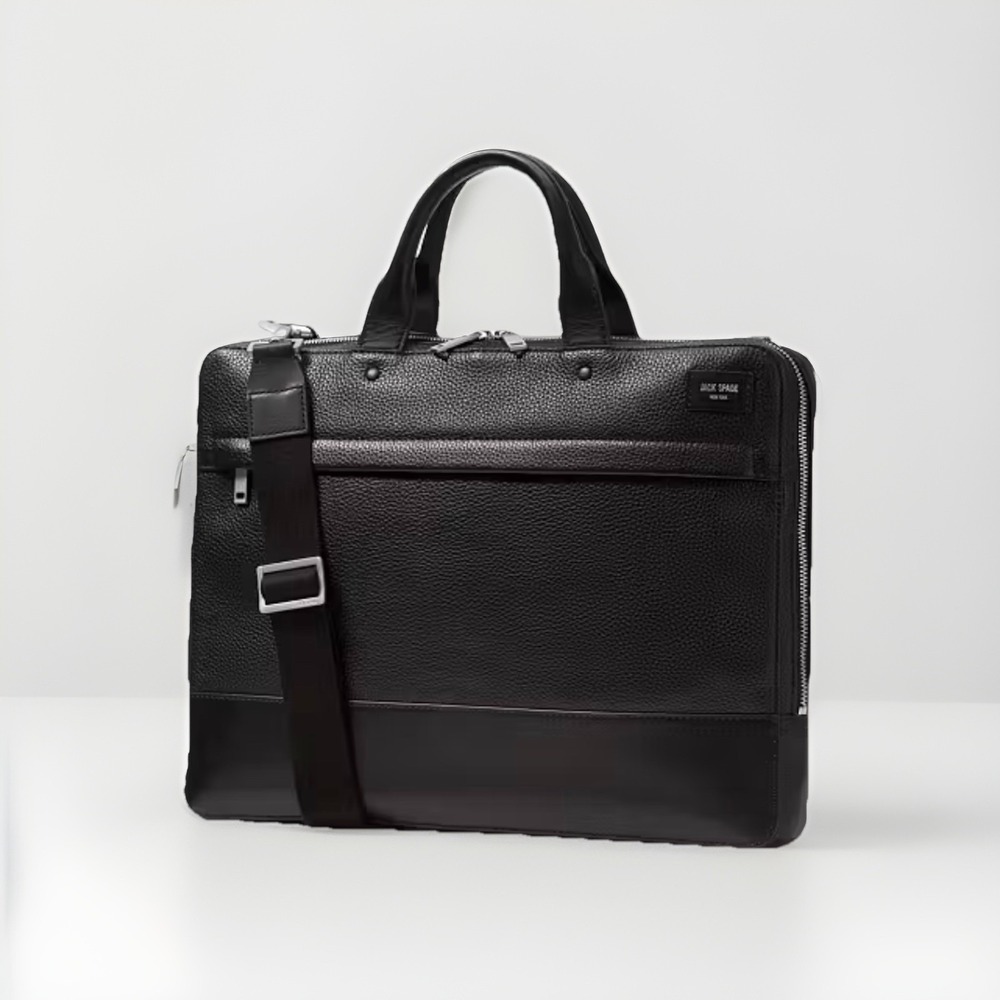 Jack Spade Warren Street Black Pebbled Leather Laptop Briefcase Messenger Bag